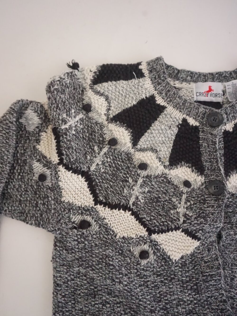 Vintage Crazy Horse Grey Black Geometric Textured Button Cotton Cardigan S - Picture 9 of 12